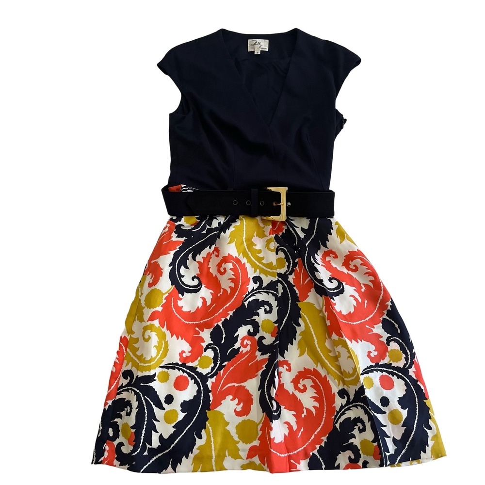 Milly New York Dress Womens 8 Navy Multicolor Silk Paisley Belted V-Neck